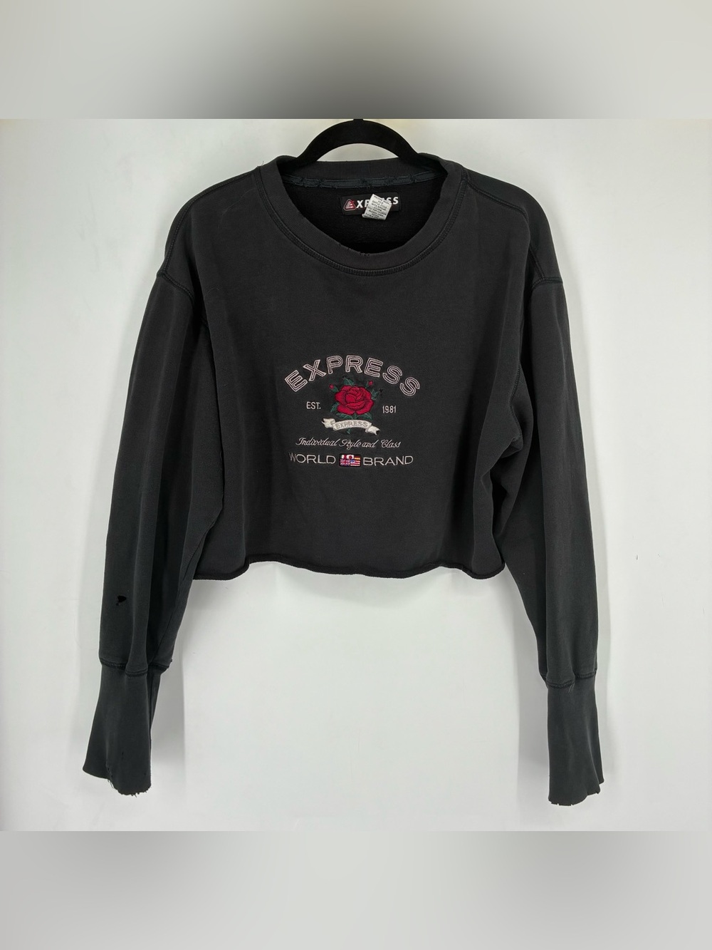 Vintage 90s Express Medium Embroidered Logo Floral Rose Cropped Sweater Black